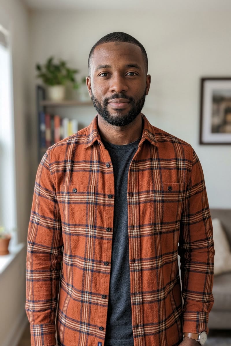 Input photo 1: fictional bearded man in a rust flannel shirt