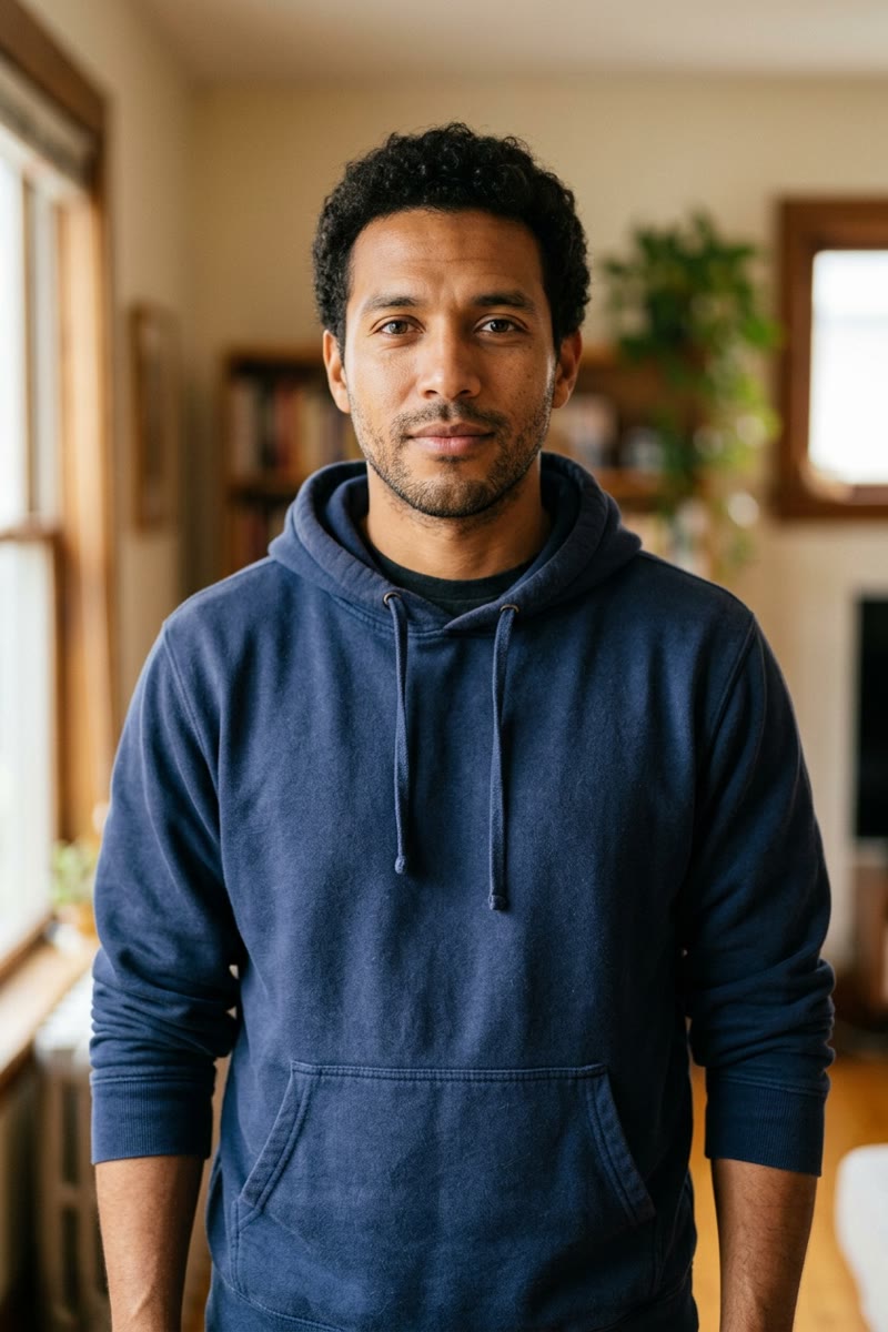 Input photo 2: fictional man with curly dark hair and a navy hoodie